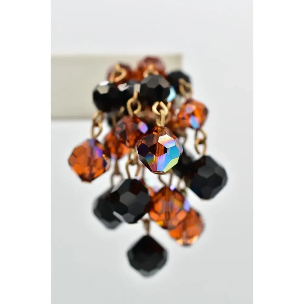 Laguna Vintage Clip On Crystal Earrings Chandelier Black Orange Signed 1950s A24